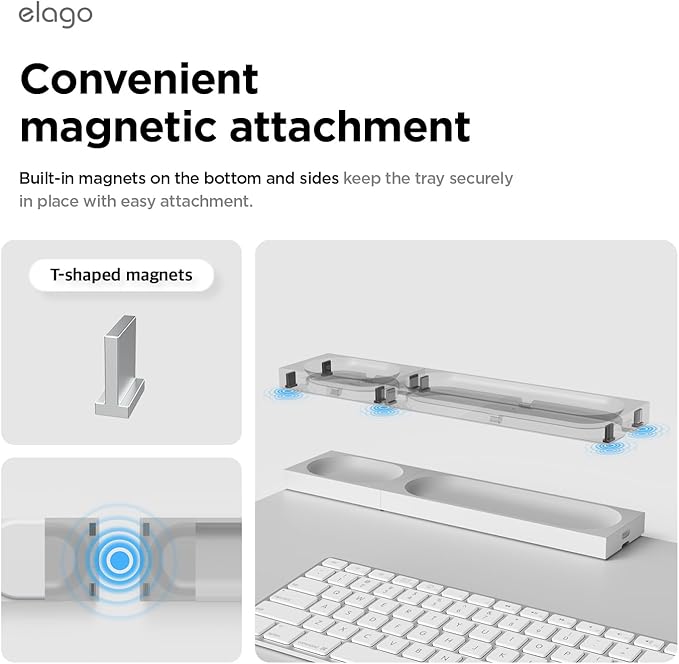 elago Smart Magnetic Desk Mat Pencil Tray – Soft Silicone Organizer for Office Supplies, AirPods, Glasses, Pens – Noise-Free, Washable, Item for Desk Management [Medium-Small Set] (Light Grey)