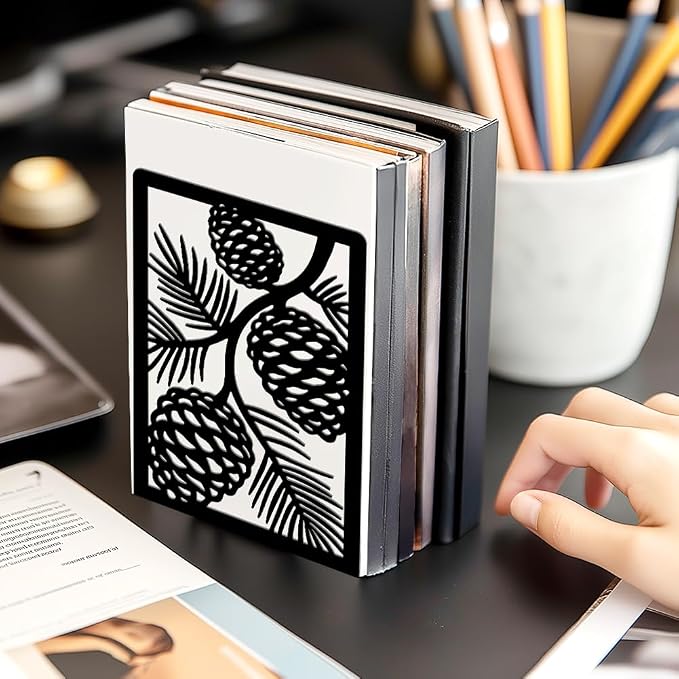 2 Pcs Decorative Metal Bookends, Pinecone Design Book Ends for Shelves Black Heavy Duty Book Stopper Suitable for Home Office School