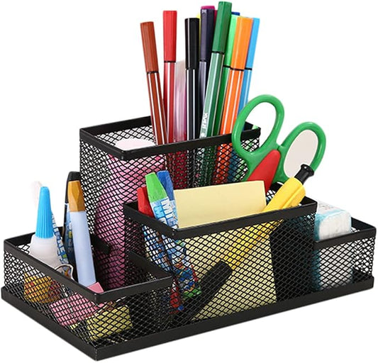 Mesh Desk Organizer for Office Mesh Pen Holder with 4 Compartments Desktop Stationery Holder Office Supplies Caddy with Sticky Notes Holder Mesh Basket Organizer Storage Black Mesh Pencil Holder