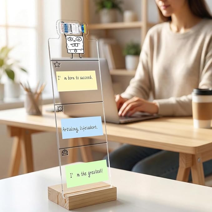 Monitor Memo Board Computer Monitor Memo Board Sticky Note Organizer Pillbottle Acrylic Desk Accessories Removable Wooden Base Set Sticky Notes 100 Sheets 11.8×3.1 inches
