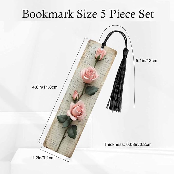 Pink Rose Bookmarks 5 Pcs Vintage Paper Romantic Flower Branches Wooden Bookmark with Tassels for Reading Book Lovers Gift Office School Readers Teacher