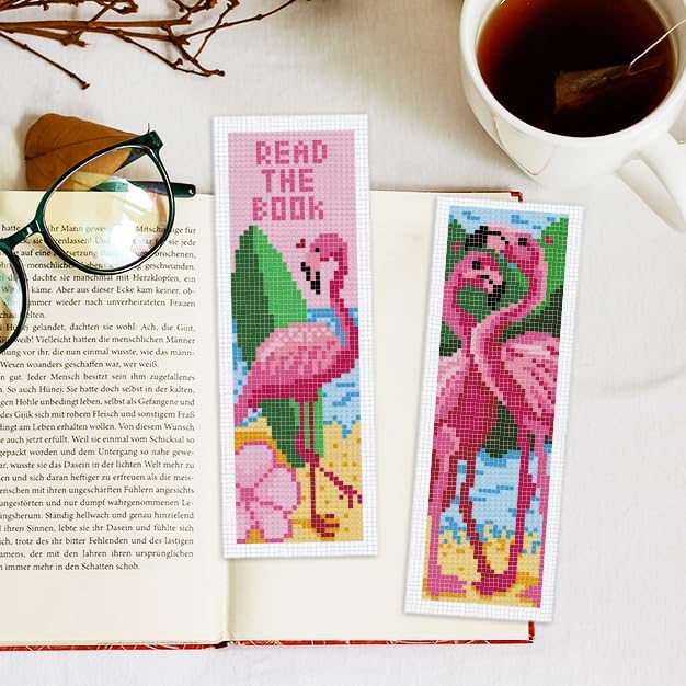 INFUNLY 6PCS Flamingo Cross Stitch Bookmarks Kit Pink Handmade Cross Stitch Bookmarks Make Time to Read DIY Cross Stitch Bookmark Set with Backing Felt Floss Instruction for Adult Book Lovers