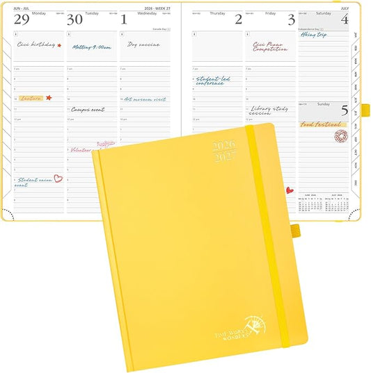 POPRUN 2026-2027 Academic Planner, Large Size 8.5" x 10.5", Weekly and Monthly Calendar, July 2026 to June 2027, Hardcover Appointment Book with Verital Layout, Hourly Time Slots, Monthly Tabs - Light Yellow