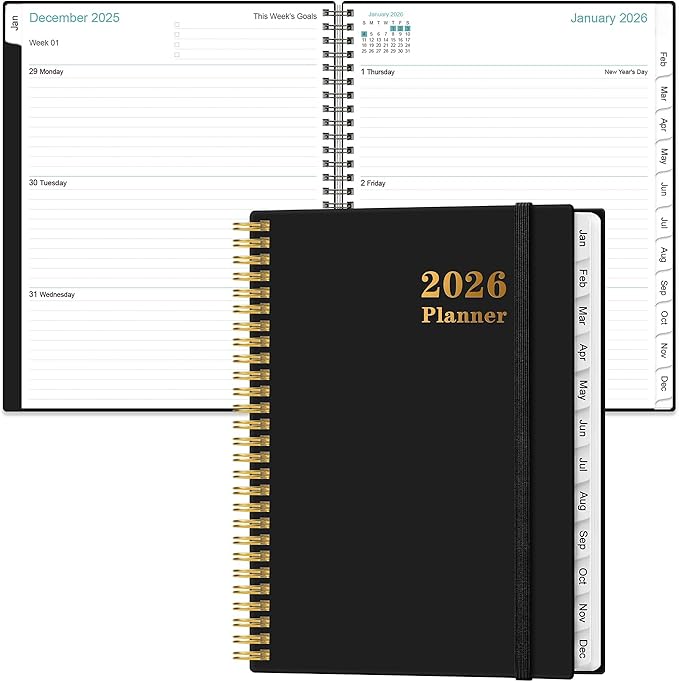 Planner 2026 For Women & Men - Monthly and Weekly Calendar Planner from January 2026 - December 2026, Student Planning with 12 Tabs for Office School Supplies, Inner Pocket, 8.5" x 11", Black
