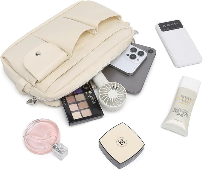 Storage Bag-arge Cosmetic Bag for Women Travel Makeup Bag Zip Up Bag Pure Cotton Canvas Can be Suspended (Creamy White)