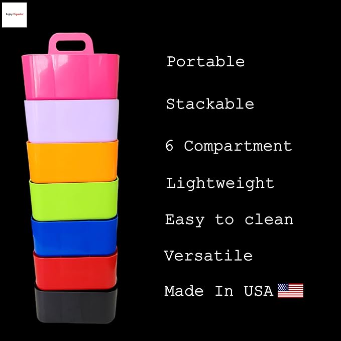 Small Stackable Plastic Caddy with Handle 6 Compartment | Desk, Makeup, Dorm Caddy, Classroom Art Organizers - 4 Pack, Made In USA (Ivory)
