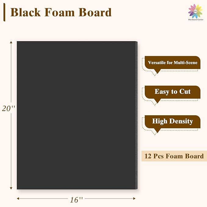 Mat Board Center, 12 Pack 16x20 Black Foam Boards, Acid Free Foam Core Board, 1/8 inch Thick