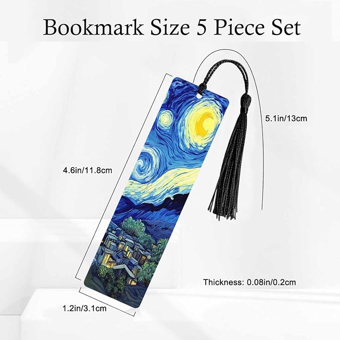 Starry Sky Bookmarks Set 5 with Tassels Blue Mysterious Painting Wooden Bookmarks for Reading Women Men Students Teachers School Supplies