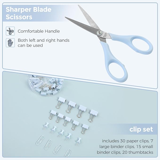 SKYDUE Blue Office Supplies Set, Office Desk Accessories, Mesh Desk Organizer, Stapler, Tape Dispenser, Scissors, Binder/Paper Clips and 1000pcs Staples, Office Supplies for Teacher, Gifts