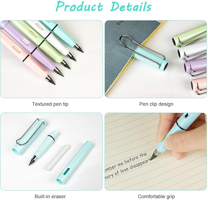 Ainiv Inkless Pencil with Eraser, 5 Sets Infinity Pencil Everlasting Pencil, Reusable Infinite Pencil with Extra 5 Eraser & 5 Replaceable Nibs, Endless Pencil for Home Office School Writing Drawing