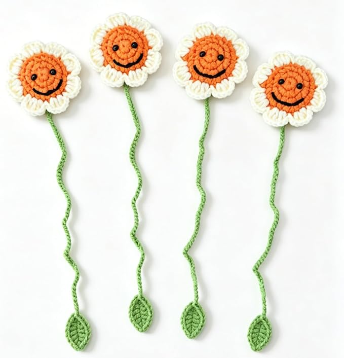 4 Pack Sunflower Crochet Bookmarks,Handmade Knitted Sunflower Book Marker for Women Personalized Book Marks for Reading Men, Book Lover Teacher Kids Birthday Gift,Cute Unique Bookmarks
