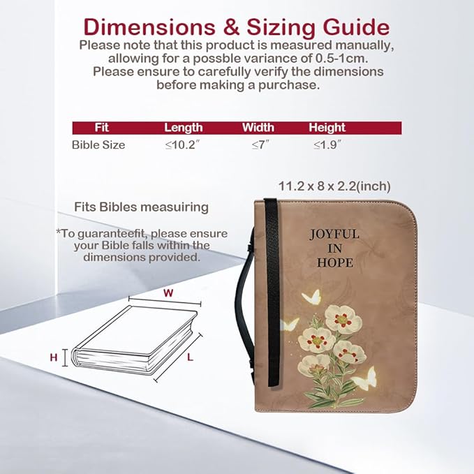 Bible Case with Handle and Zipper, Premium PU Leather Waterproof Bible Cover 11.2 x 8 x 2.2 Inches, Book Case for Standard Size Bibles with Pen Storage, Bible Accessories Gifts (Joyful)