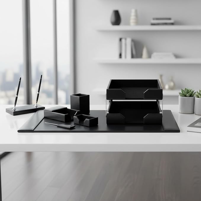 Dacasso Bonded Set Luxury Leather Desk Pad & Desk Organization Essentials, 9 Piece, Black