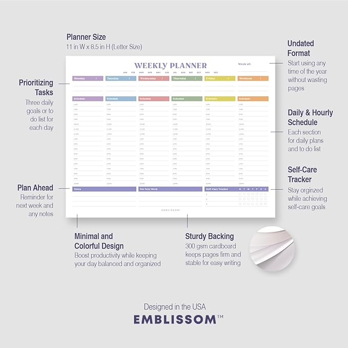 Weekly Planner Notepad, 8.5 x 11" Tear-Off Pad – 70 Undated Sheets, Daily Schedule Deck Organizer with Priorities, To Do List & Checklist for School, Work, Home (White, Colorful, 2 Pack)