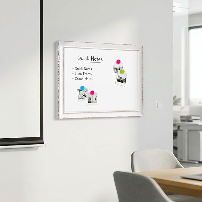 DOLLAR BOSS Magnetic Whiteboard, 16"x12" Dry Erase Board for Wall with White Distressed Frame, Hand-Finished Vintage Decorative White Board for Office, Home & Classroom with Markers, Magnets, Eraser