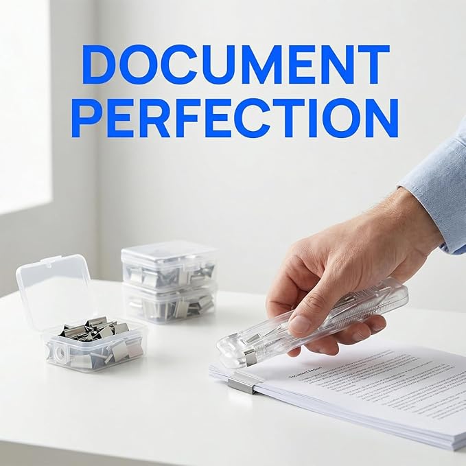 Portable Paper Clam Clip Dispenser 2pcs - Reusable Push Stapler with 200 Refill Clips, No-Hole Binding - Up to 40 Sheet Capacity, Handheld for Document Office School Desk (Transparent)