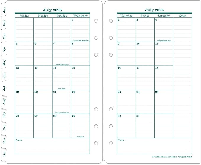 FranklinCovey - Original Ring-Bound Planner Refill - Two Page Per Month Calendar Tabs (Pocket, Jul 2026 - Jun 2027)