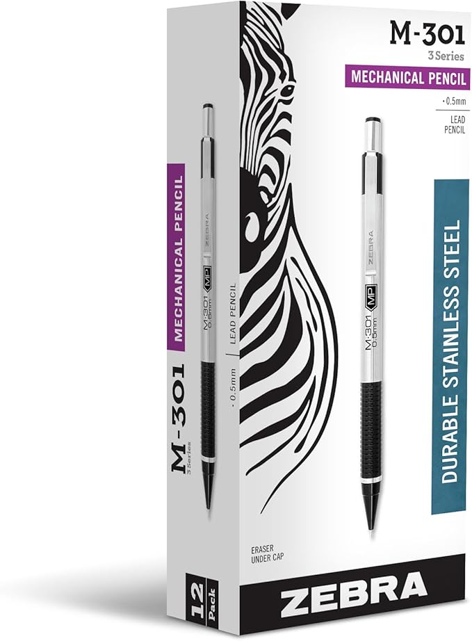 Zebra Pen, STEEL M-301 Mechanical Pencils, 0.5mm Fine Point, Refillable Lead, Stainless Steel Barrel, Built-in Eraser, Durable Clip, Lightweight Precision Pencil for Office or School, 12-Pack (54010)