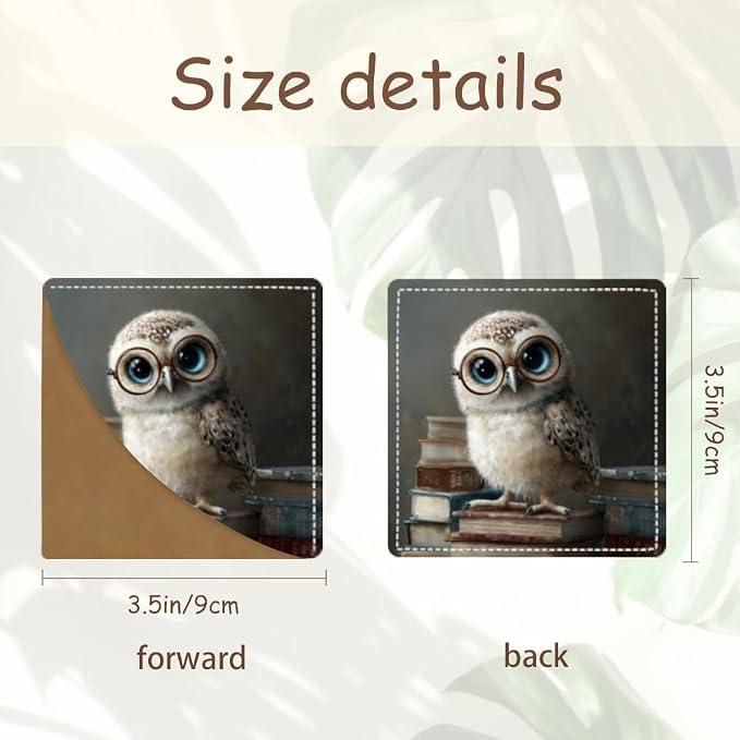 2PCS PU Leather Bookmarks 3.5x3.5 Inch Owl with Glasses Book Design | PU leather bookmarks for books with cute owl glasses design for classroom reading, library study, young readers and teachers.
