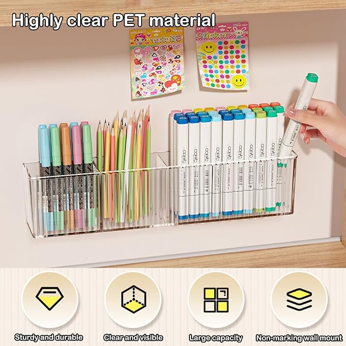 2 Pack Wall Mounted Marker Holder, 3 Compartments Clear Pen Holder Organizer, No Drill Wall Pencil Storage Rack Office Accessories Organizer (Clear)