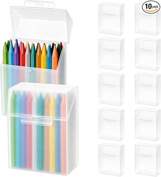 10 Pieces Plastic Crayon Box Clear Crayon Holder Case 24 Crayons with Hinged Lid and Snap Closure for School Classroom Office Art Craft Supply (10 PCS, Clear)