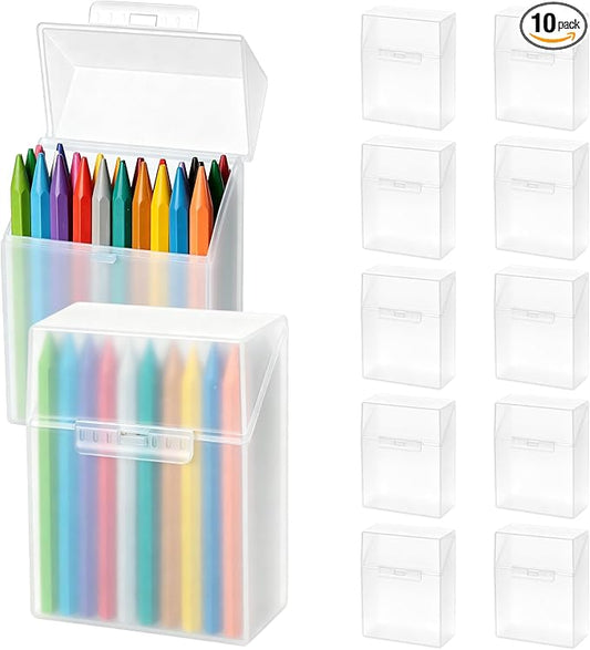 10 Pieces Plastic Crayon Box Clear Crayon Holder Case 24 Crayons with Hinged Lid and Snap Closure for School Classroom Office Art Craft Supply (10 PCS, Clear)