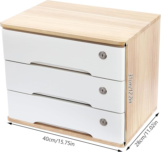 Lockable Desk Organizer Wooden Desktop Drawers Office Flat Files Storage Box Locking Countertop Storage Cabinet (Wood Color + White, 3-Tier)
