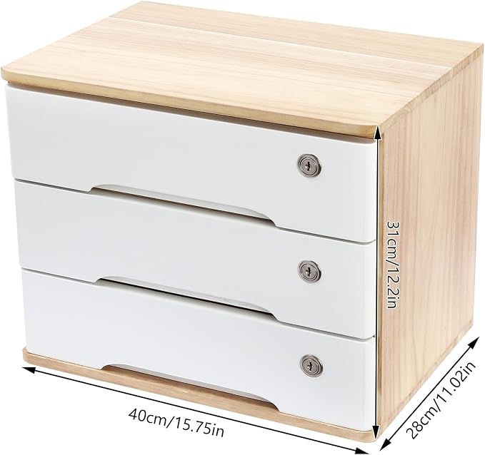 Wooden Desktop Storage Box with Lockable Drawers, Flat File Cabinet Drawer Desktop Storage Box, Countertop Storage Cabinet for Office Home Toiletries Supplies Vanity (natural wood+white, 3 Drawer)