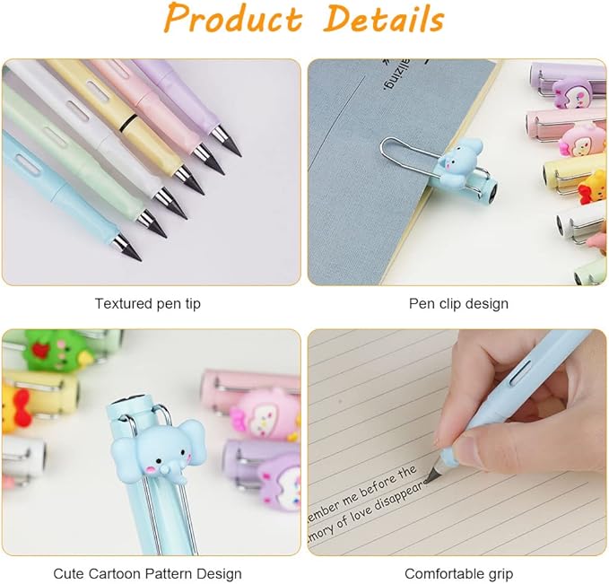 Ainiv 6 Sets Infinity Pencil Reusable Inkless Pencil No Sharpen Everlasting Pencil with Extra 6 Replaceable Nibs and 6 Cute Pencil Cups Infinite Pencil for Writing Drawing Home Office School Supplies