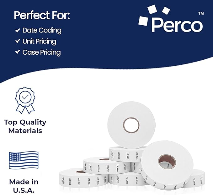 Perco USE BY Labels for Monarch 1136 Price Gun - Buy 2 Sleeves Get 1 Free! 24 Rolls, 42,000 Labels - with Bonus Ink Rolls