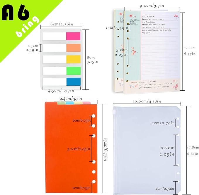 Rancco Cornell-Note Taking-System A6 Planner Refill Paper, 90 Page Colorful 5R Cornell Notes 6-Ring Binder Loose-leaf Inserts w/Zipper Pouch, Binder Divider, Ruler, Index Tab, College Ruled, 6.9x3.7"