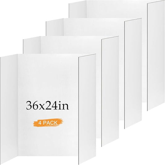 4 Pack Trifold Poster Board 36" x 24" White Corrugated Project Boards for Science Fairs, School Projects, Event Displays