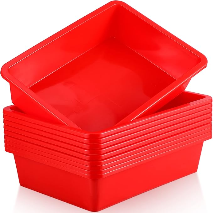 Hoteam 10 Pcs Flat Storage Organizer Tray Bin Paper Tray for Classroom Plastic Stackable File Organizer for School Office Teacher Book Organization(Red,13.78 x 9.84 x 3.15 Inch)