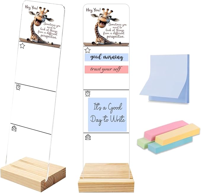 Sticky Notes Monitor Memo Board Acrylic Holder with Removable Wooden Base, Different Perspective Logo Desk Set with 200 Sheets Two Sizes Sticky Notes, Office Desk Accessories Organizer