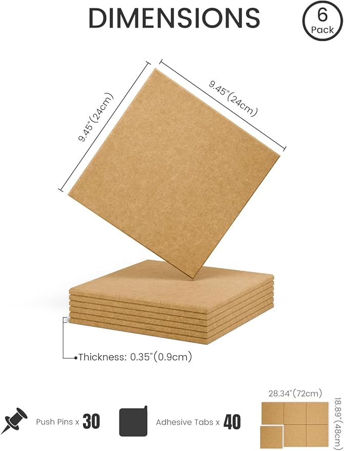Fluxynara Felt Bulletin Board Tiles -28"x18" Cork Board Alternative for Office Decor, Push Pin Board Wall Organizer 6-Pack -Longan Tan