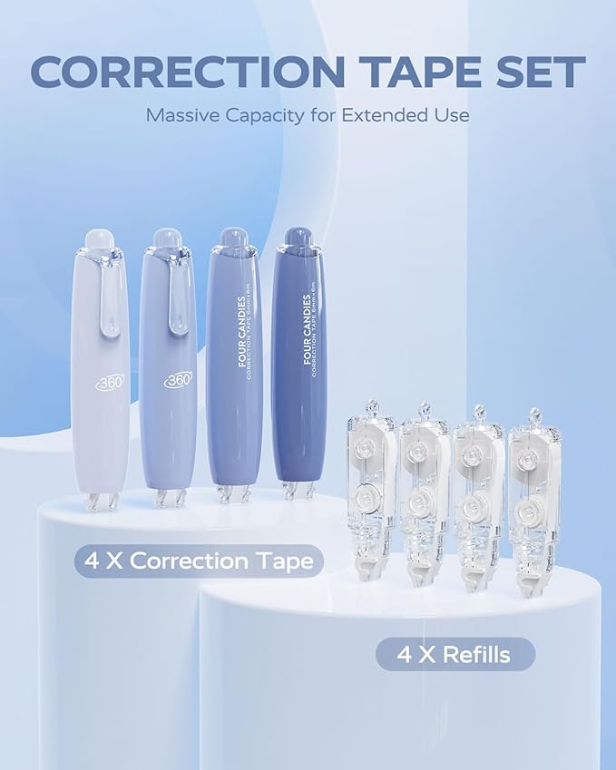 Four Candies Refillable Retractable White Correction Tape, 4PCS Smooth White Pull-Out Tape with 4 Extra Refills, Easy to Use Applicator for Instant Corrections for Office, School Supplies (Blue)