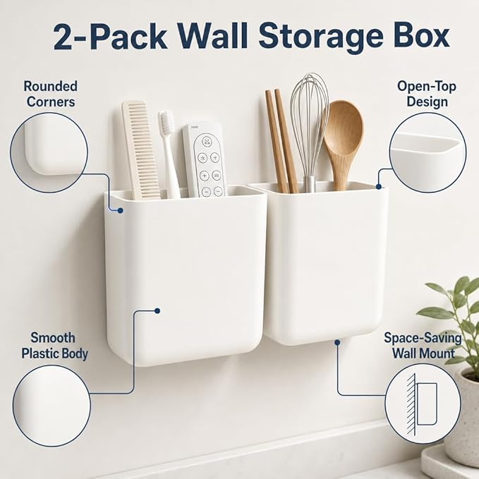 Remote Control Holder Wall Mount, TV/AC Controller Holder, Self Adhesive Wall Mounted Storage Container Perfect for Home, Office, School, No Drill Needed (2 Pcs White)