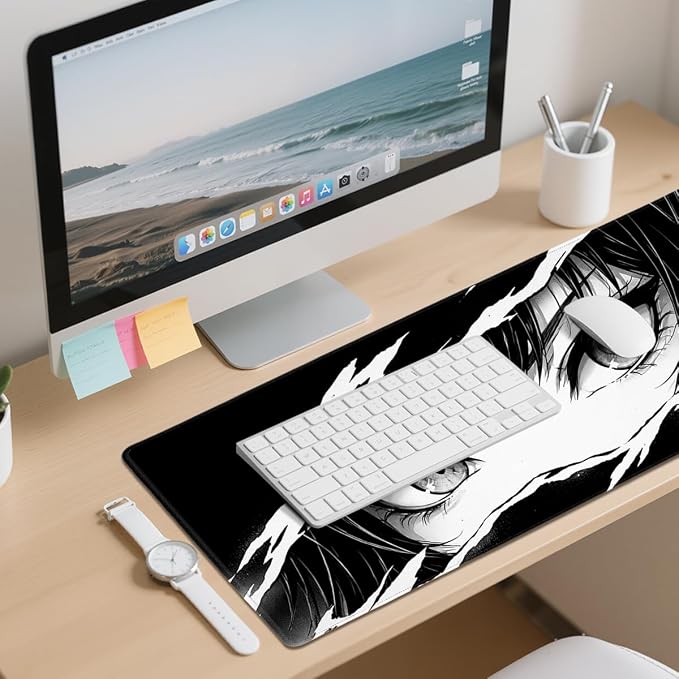 Anime Desk Mat 35.4 x 15.7 Inches Black and White Anime Eye Gaming Mouse Pad Non-Slip Rubber Base Waterproof with Stitched Edges for Gaming Office Home