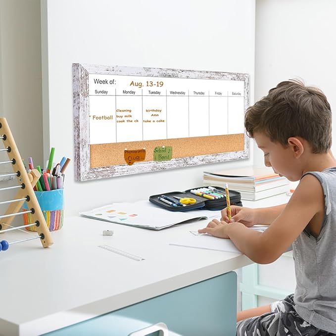 Magnetic Weekly Dry Erase White Board and Cork Board, White Wood Frame，Magnetic Surface Whiteboard for Home Office and Wall Decor(ZHZL-3060WH)