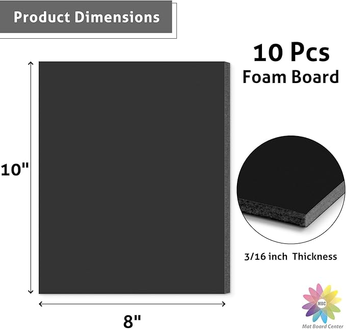 Mat Board Center, Pack of 10 8x10 3/16" Black Foam Core Backing Boards