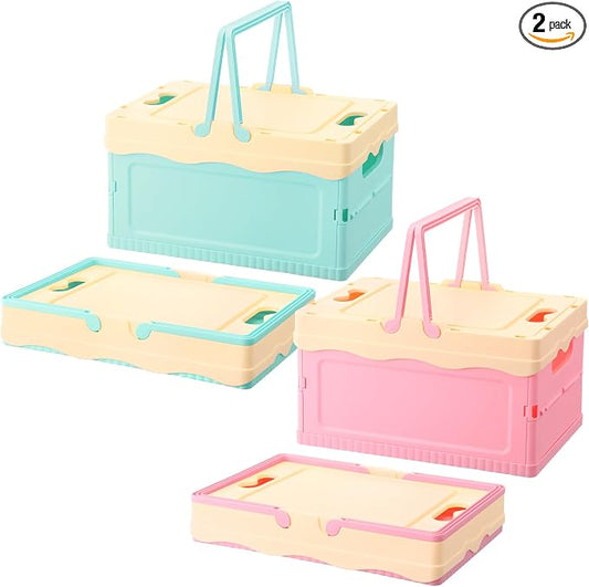 2 Pcs Pastel Plastic Collapsible Storage Crates with Lids and Handle Collapsible Picnic Basket Stackable Storage Bins Cute Foldable Container for Home Kitchen Office Bathroom(Pink,Blue)