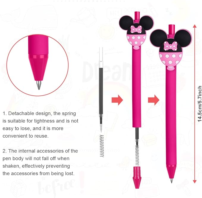 AUAUY 10PCS Cartoon Ballpoint Pens, Cute Mouse Head Character Ears Pens, Retractable Ballpoint Pen, Multi Color Jumbo Autograph Princess Pencil Signature Office Accessories for Teacher Student