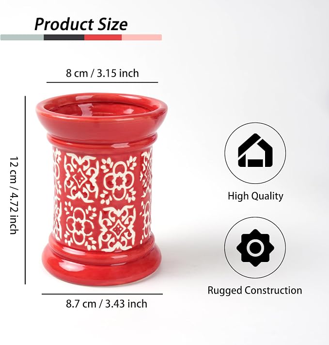 Printed Pencil Holder, Cute Pen Holder for Desk, Ceramic Carved Cylinder Pencil Holder, Office Decoration Container Islamic Style(Red)
