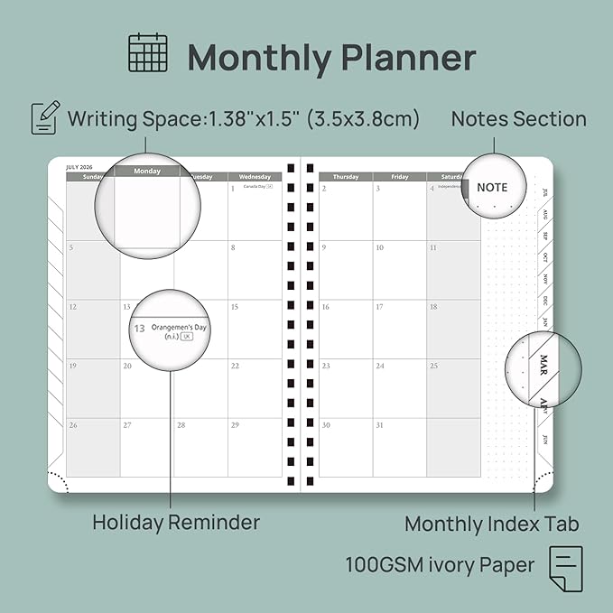 POPRUN 2026-2027 Academic Weekly Planner, 6.75" x 8.75" Horizontal Daily Book Calendar, July 2026 to June 2027, Softcover Appionment Book with Monthly Tabs, Spiral Bound, Inner-Pocket - Black