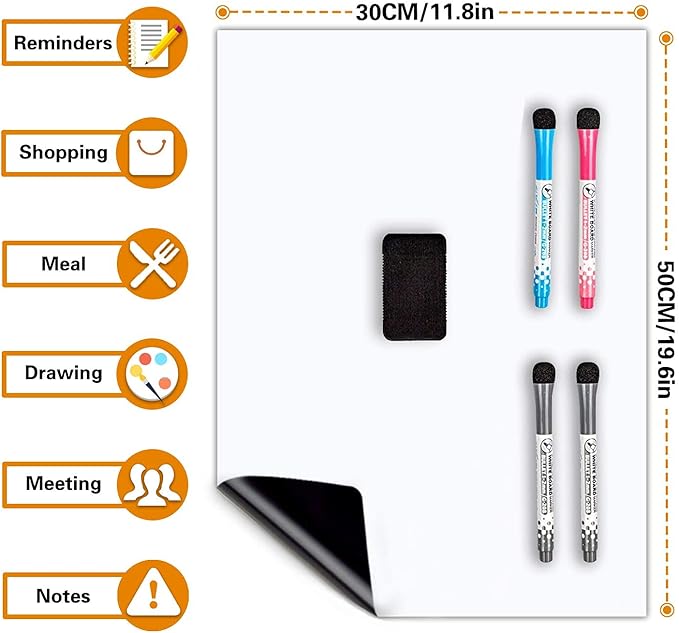 CUHIOY Magnetic Whiteboard Sheets 20" x 12" for Fridge, Easy to Clean Refrigerator Magnet Dry Erase White Board, Ideal for Family Planner Organiser to Do List Grocery List with 4 Marker Pens & Eraser