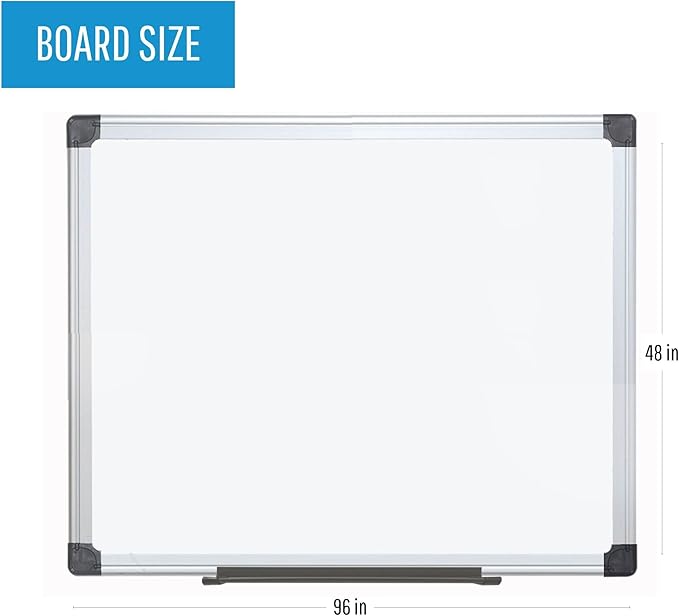 MasterVision Maya Series 48" x 96" Double Sided Melamine Dry Erase White Board with Snap-On Marker Tray, Aluminum Frame, Easy 4-Corner Mounting for Vertical or Horizontal Use