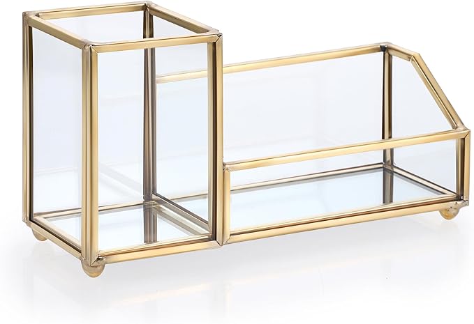 Hipiwe Glass Business Card Holder with Pen Pencil Holder Cup Gold Metal Name Card Display Organizer Desktop Business Card Storage Case for Office Desk, 2 Slots