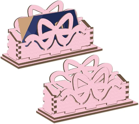 2Pcs Pink Bow Business Card Holder Desk 4.5 x 1.6 x 3.1 Inch Business Card Display Stand Cute Pink Bowknot Wooden Decorative Organizers for Office Desktop Home Room Tabletop Decorations