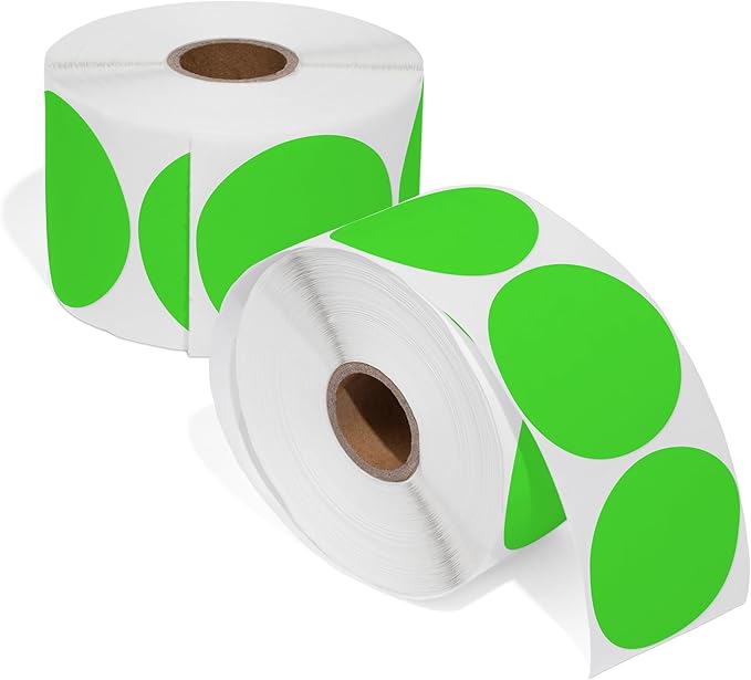 Spartan Industrial - 2" Circle Fluorescent Green Direct Thermal Labels (1500 Count, 2 Rolls) - 2 Inch Color Thermal Labels for Logos, Packaging, Branding - Compatible with Zebra and Rollo Printers