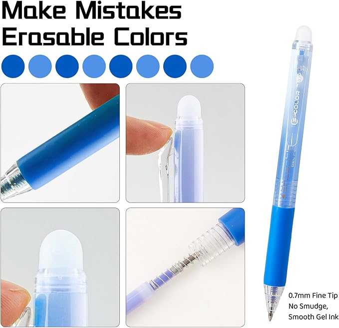 12Pcs Retractable Erasable Gel Pens Clicker,Fine Point 0.7mm Smooth Writing Pens,For Writing Journaling Taking Notes School Office Home. (6Black+6Blue)